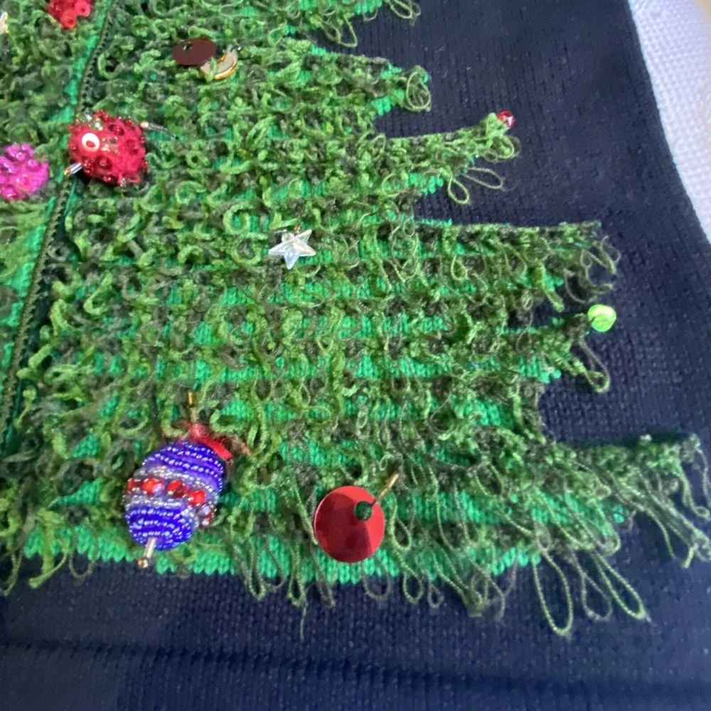 Berek 2 Sweater Christmas Tree 3D Sz S VTG Takako Saxon‎ Black Button Down Front